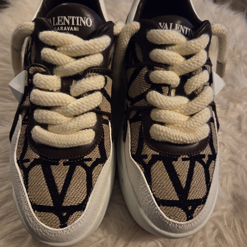 Valentino Garavani Beige Black Logo Sneakers